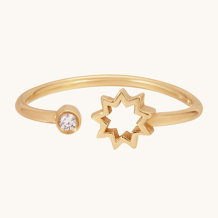 Baha'i Open Nine Pointed Star with Diamond Ring in 14K Gold