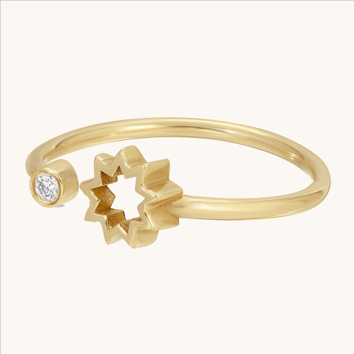 Baha'i Open Nine Pointed Star with Diamond Ring in 14K Gold